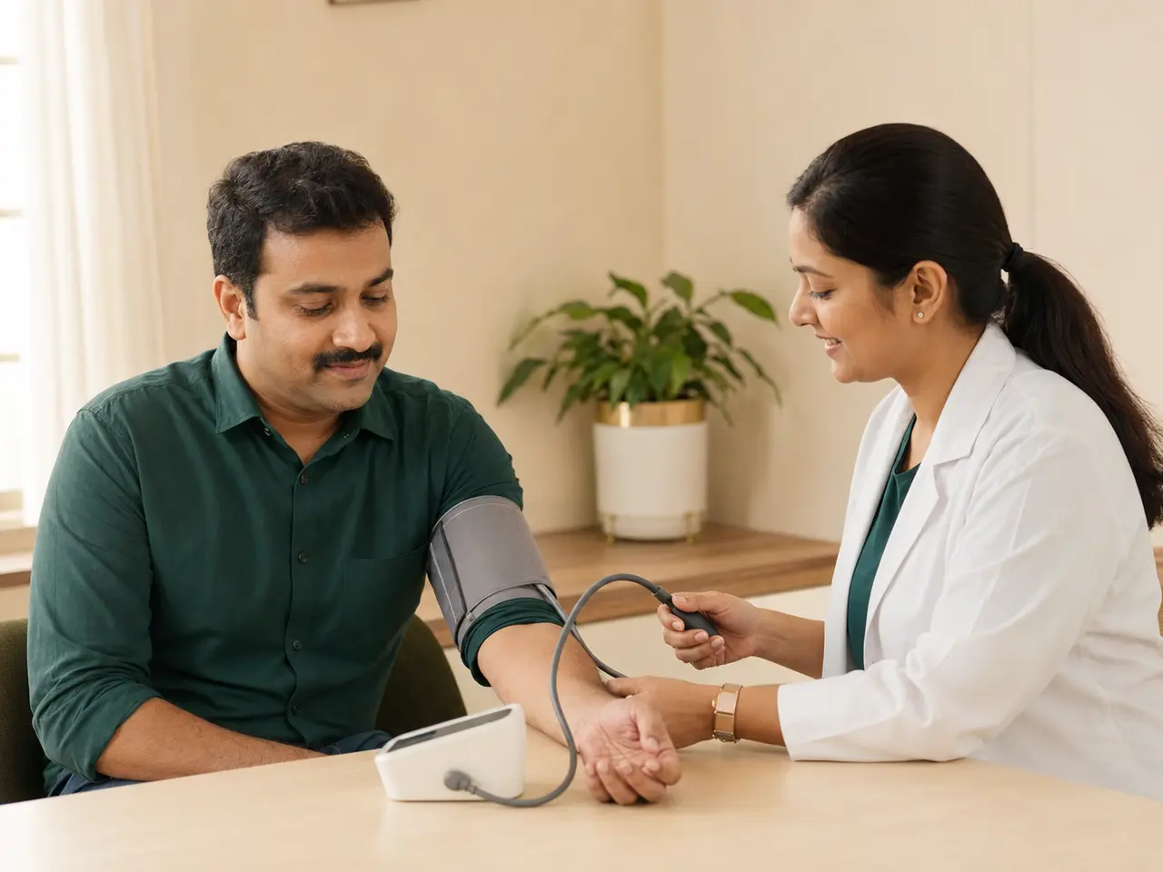 A wellness consultant checking an adult patient's blood pressure