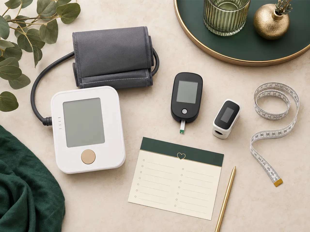 Blood pressure cuff, glucose monitor, pulse oximeter and measuring tape arranged for wellness monitoring