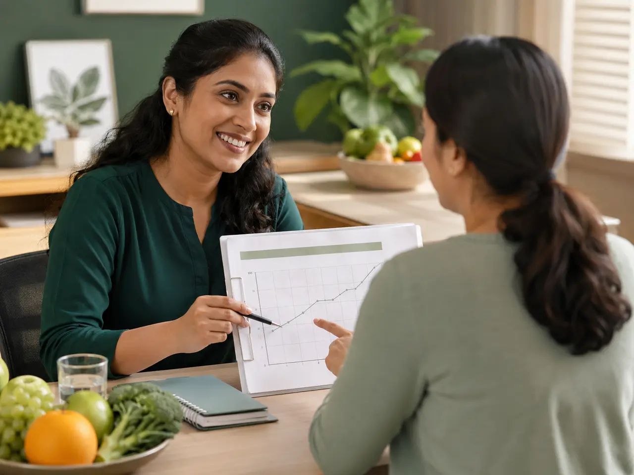 A wellness consultant discussing a progress chart with an adult patient